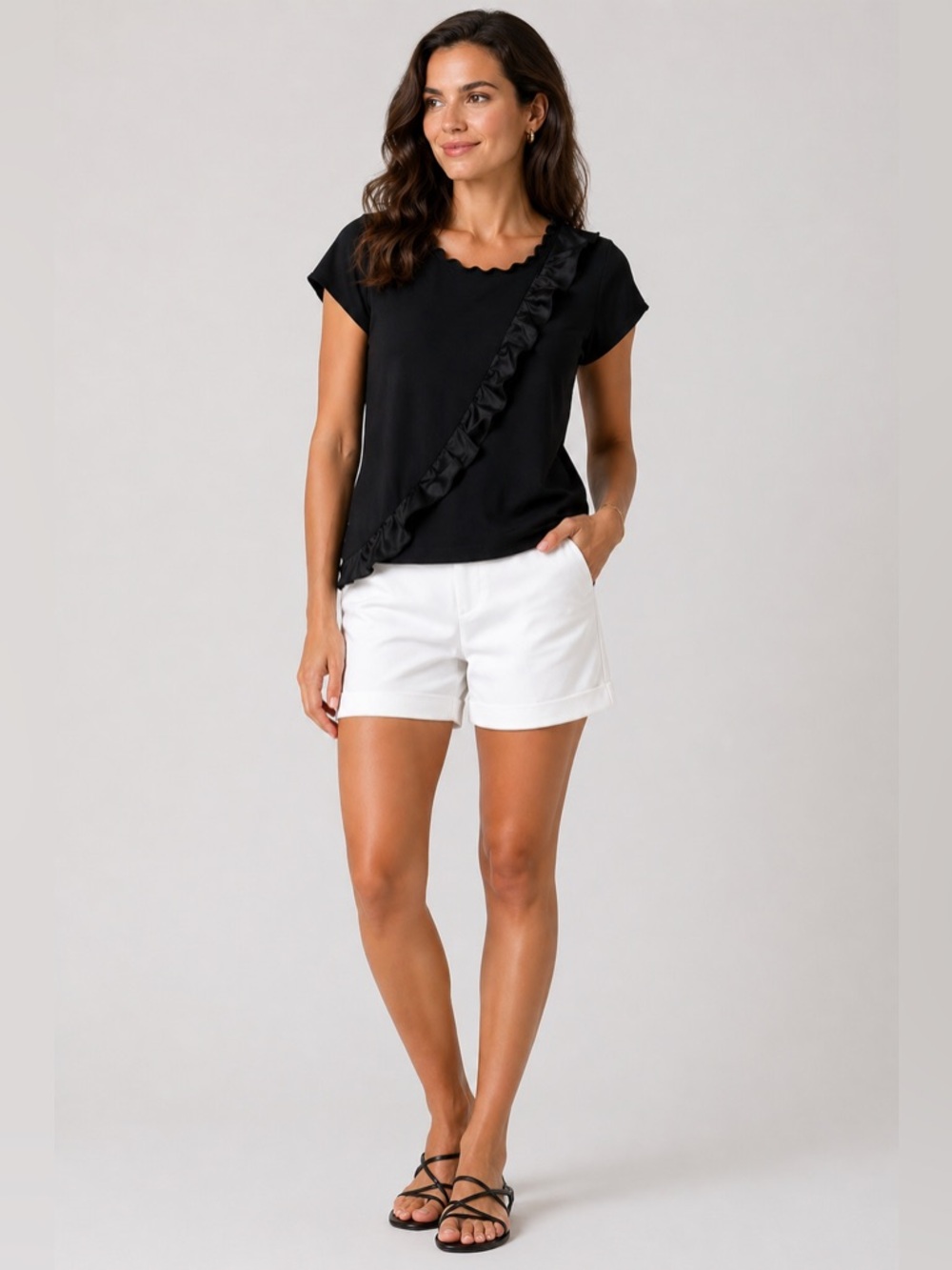 Oscar De La Renta Black Ruffle Trim Short Sleeve Stretch Jersey Shirt Size large